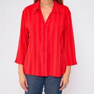 Vtg Joanna Plus Red Striped‎ Metallic Gold Blouse Top Women 2X Stretch  V-Neck